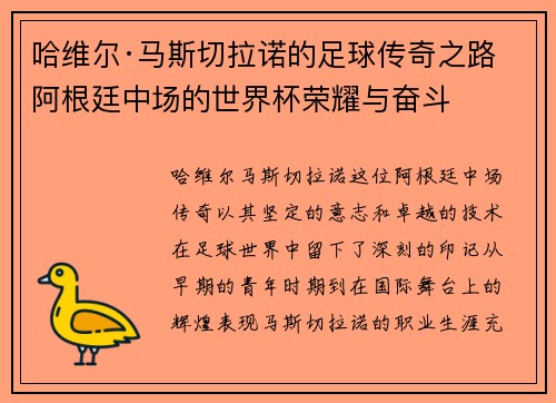 哈维尔·马斯切拉诺的足球传奇之路 阿根廷中场的世界杯荣耀与奋斗